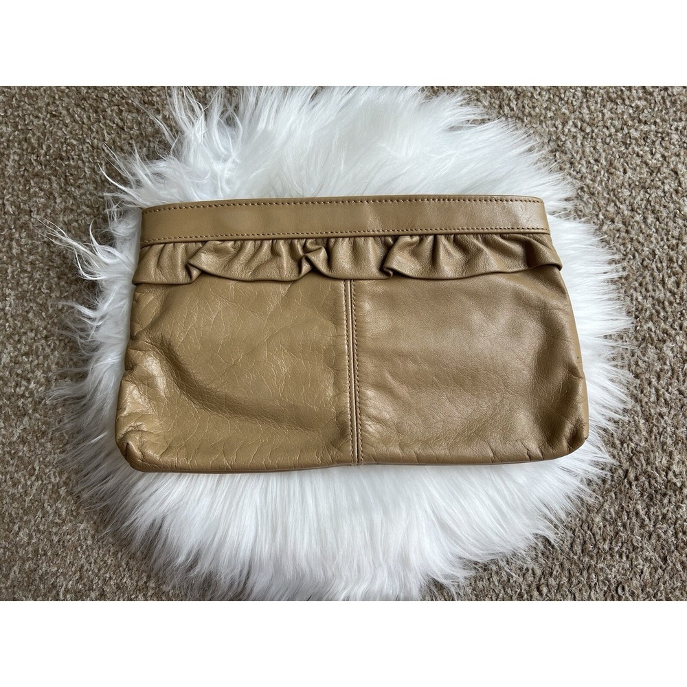 Leather Clutch Purse Sachet Khaki Small Zipper Closure Inside Pocket Phone Money